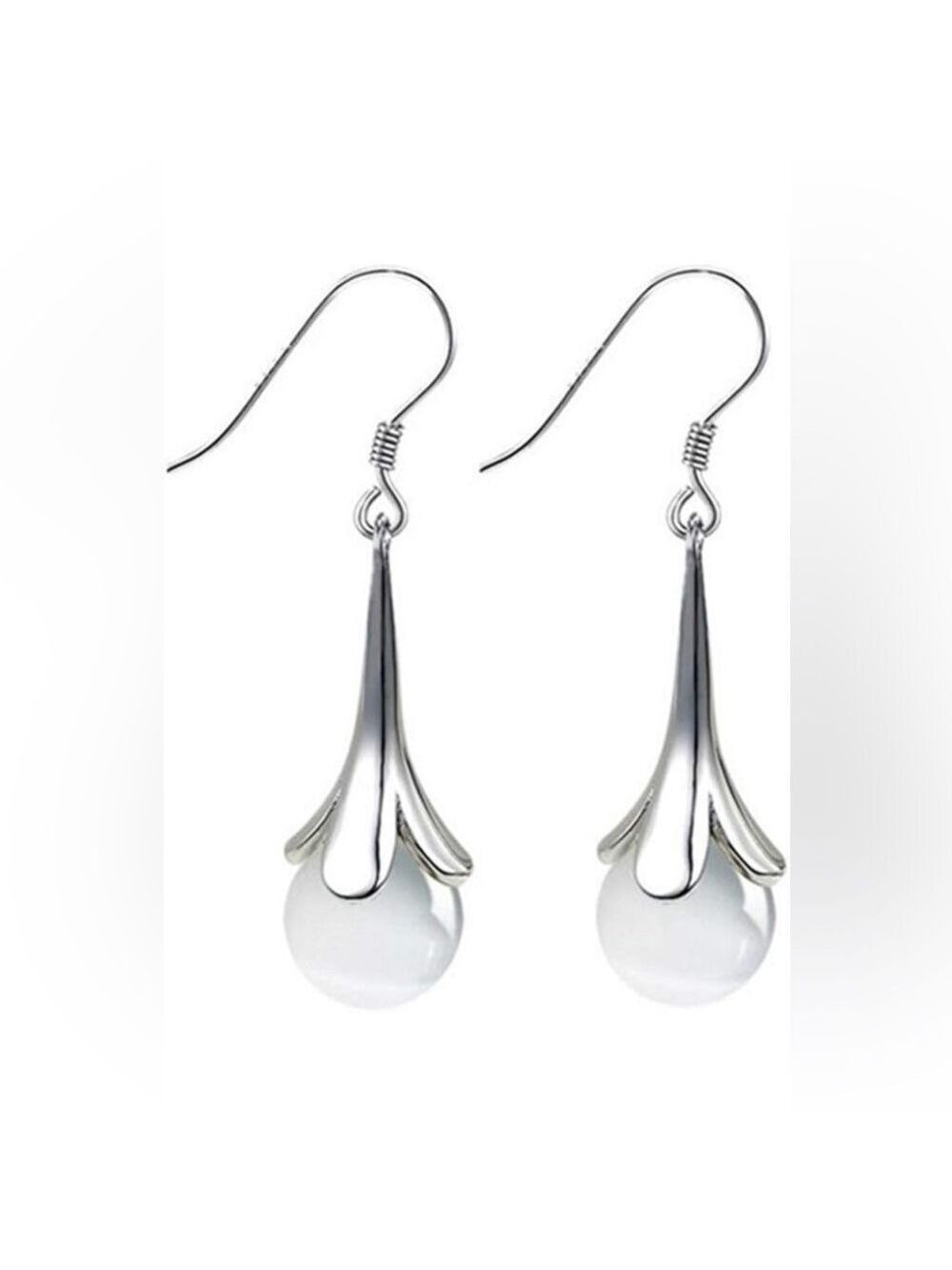 Earrings Dangle Silver Tone With Round White Stone
